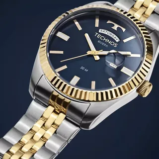 Relógio Technos Riviera Dourado Azul Masculino Quartzo Aço Inox 43mm