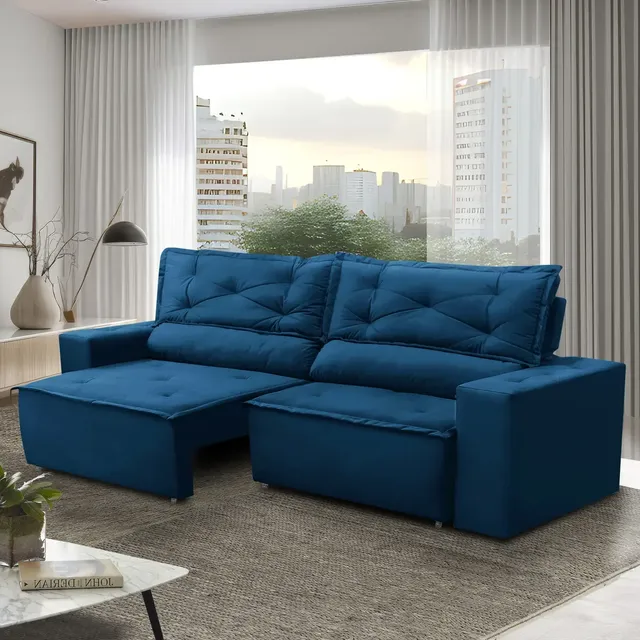 Sofá Retrátil e Reclinável 3 Lugares com Molas 1,80m Livia Suede Azul Adonai Estofados