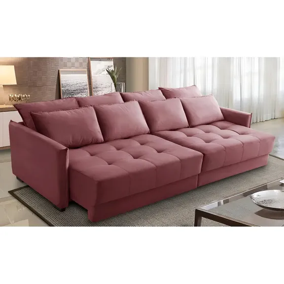 Sofá Cama Retrátil E Reclinável 2,30m Com Molas Carol Veludo Cor Rose