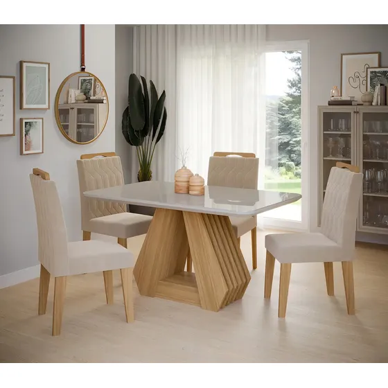 Conjunto Sala De Jantar Mesa Tampo De Vidro/mdf Agata E 4 Cadeiras