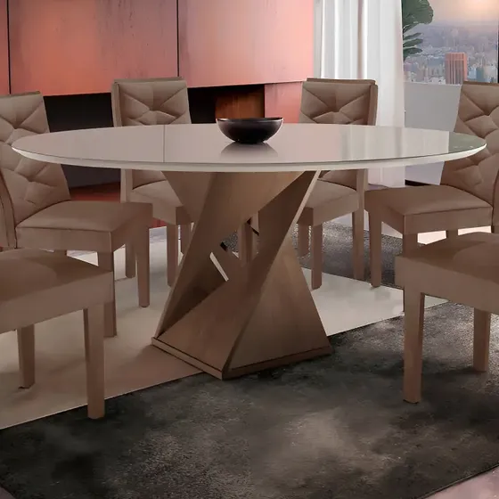 Conjunto Mesa Redonda Com Vidro E 6 Cadeiras Tampo