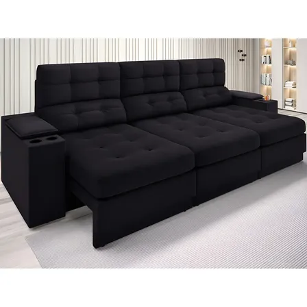 Sofá Retrátil Reclinável 4 Lugares Eureka 2,30m Velosuede USB Porta Copos Preto