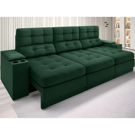 Sofá Retrátil Reclinável 4 Lugares Eureka 2,30m Velosuede USB Porta Copos Verde
