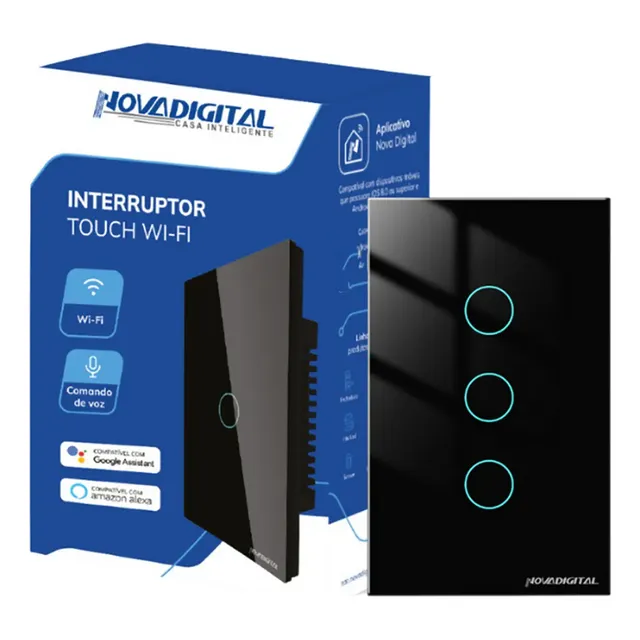 Interruptor Inteligente Wifi Novadigital 3 Teclas Botões Touch Tuya Smart Life Alexa Google 110v 220v Bivolt Preto Lite-ws3 127/220v