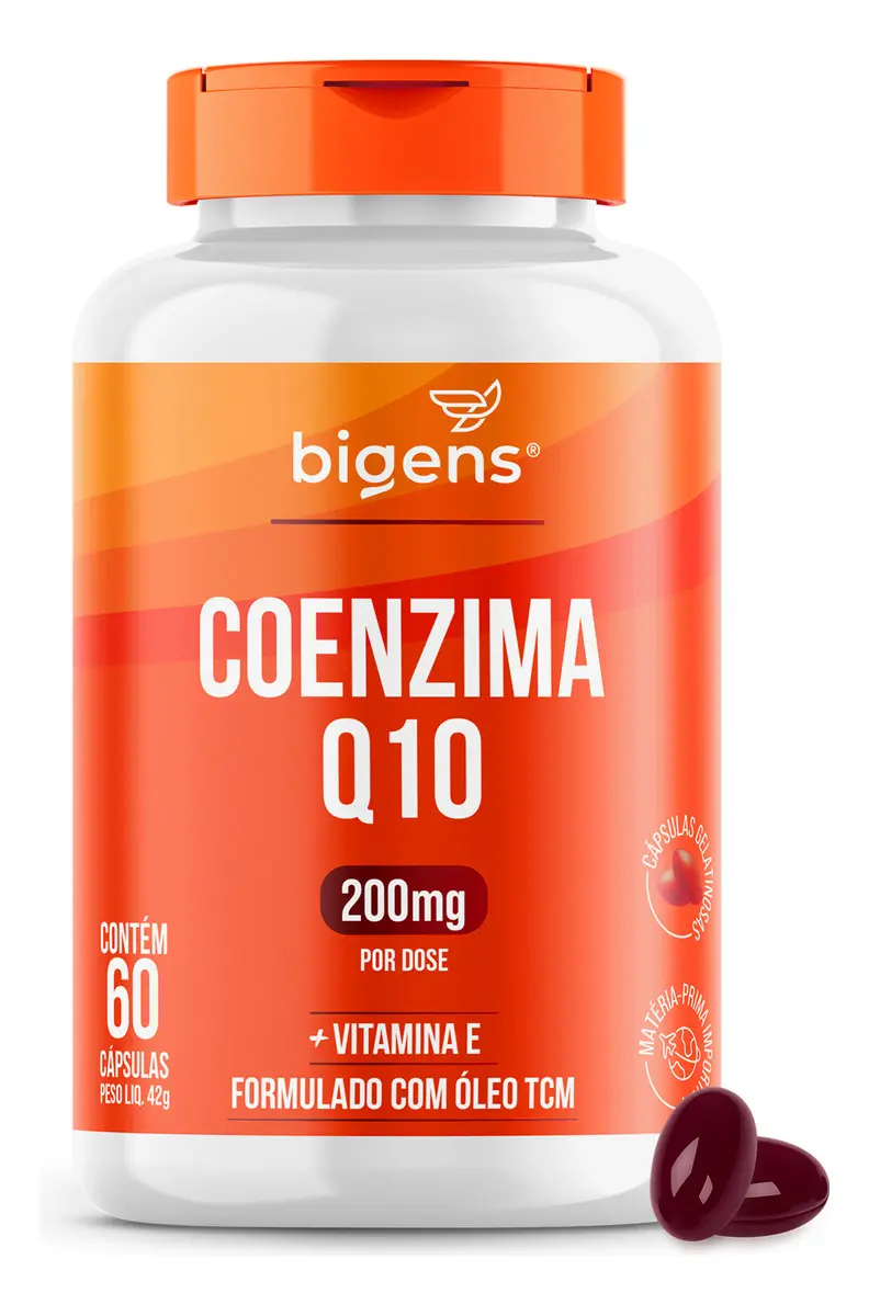 Coenzima Q10 200mg Com Vitamina E 10mg, 60 Cáps, Bigens Sabor Neutro