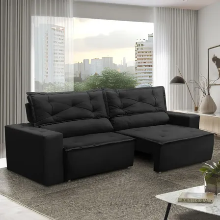 Sofá Retrátil e Reclinável com Molas 1,80m Livia Suede Preto Adonai Estofados