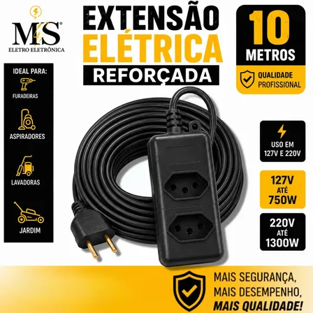 Extensão Elétrica Reforçada 10 Metros 10/20a Obra Profissional Tomada Em Barra Ms Eletro Eletrônica Preto 127/220v