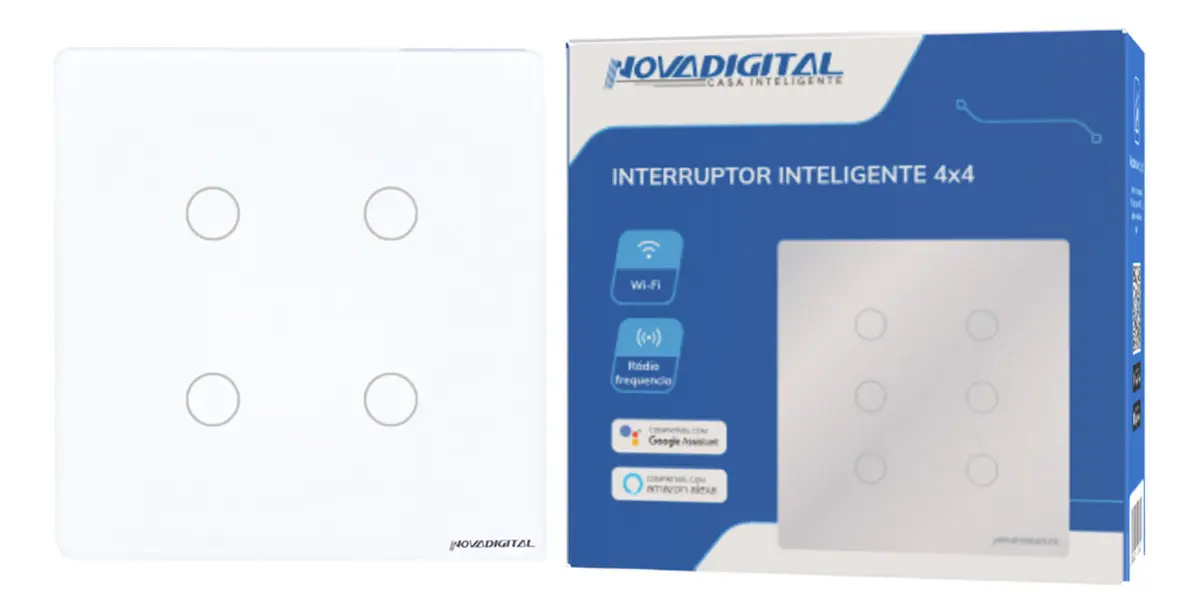 Interruptor Inteligente WiFi NovaDigital 4 Teclas Botões Touch Compatível Tuya Smart Life Alexa Google Bivolt Branco