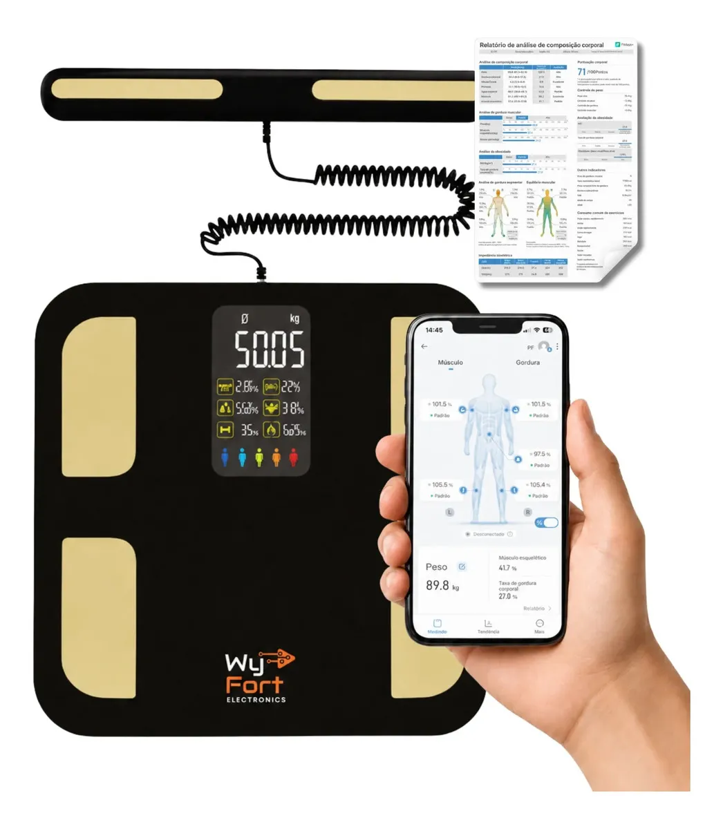 Balança Bioimpedância Corporal Digital 8 Sensores Wyfort WF05 Preto 180kg Bluetooth Aplicativo Fitdays