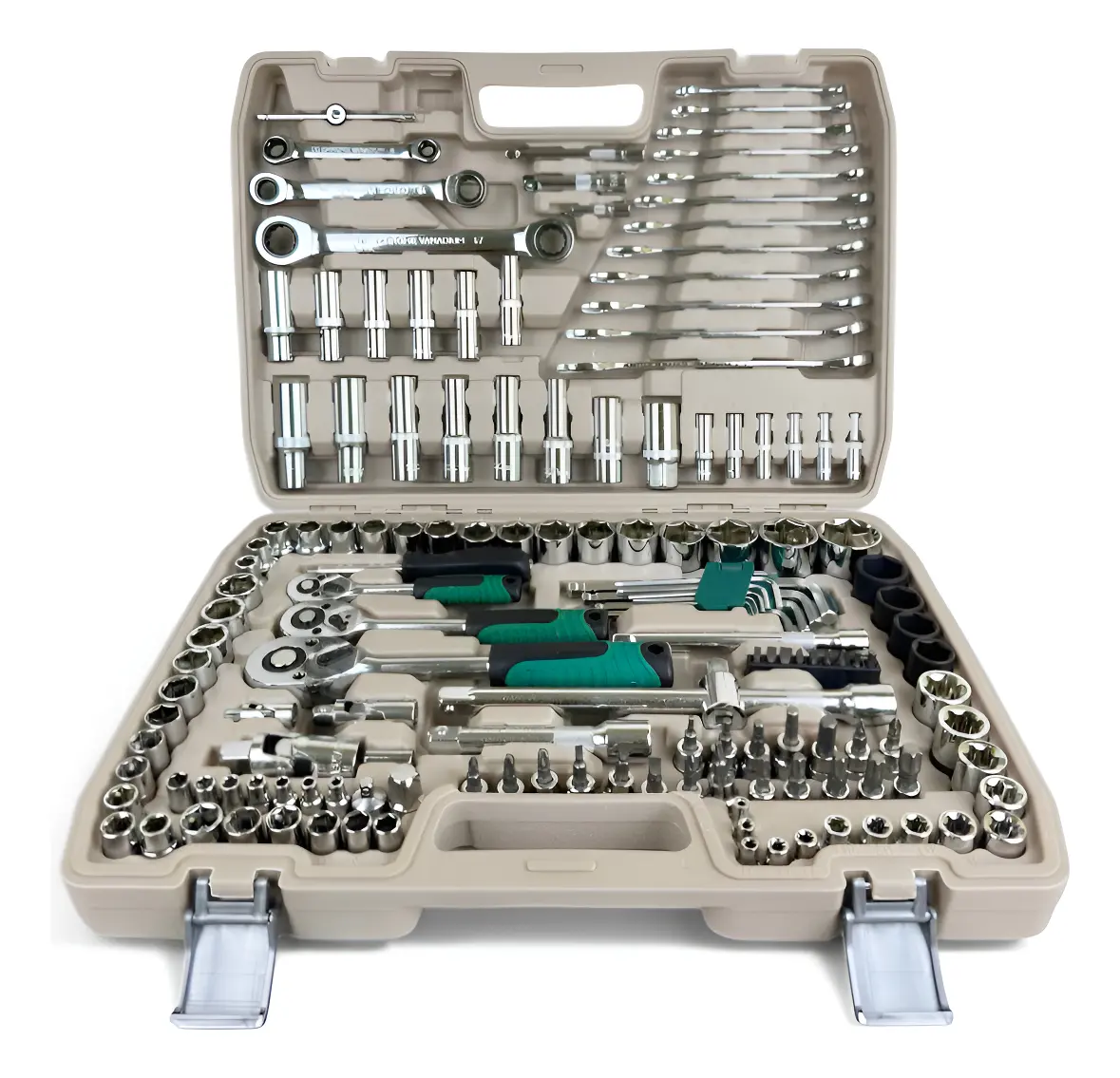 Kit Ferramentas Soquetes Crv 150 Peças Com 03 Chave Catraca Cinza