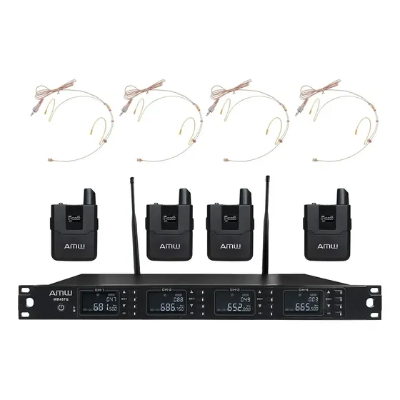 Amw Bu3000 Microfone Sem Fio 4 Canais Digital Uhf Multibanda Mic Auricular Bege + Estojo Profissional