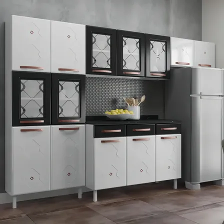 Cozinha Completa 14 Portas 2 Gavetas 5 Vidros Mirage New Preto/branco