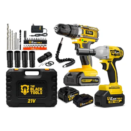Kit Furadeira/parafusadeira De Impacto 10mm + Chave De Impacto Brushless A Bateria 21v Com Maleta The Black Tools Amarelo 127/220v