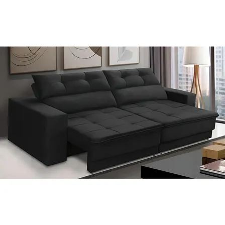 Sofá Retrátil e Reclinável 3 Lugares 1,90m com Molas Emily Suede Preto Adonai Estofados