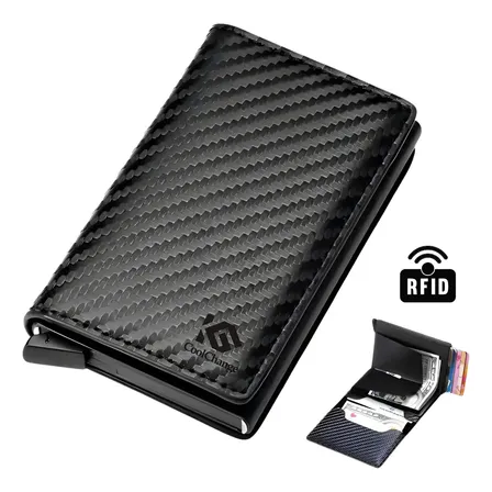 Wallet Proteção RFID carteira porta carto Automatica couro desenho do tecido liso Cor Preto Antifurto Alumínio Prata / Fibra de Carbono Preto