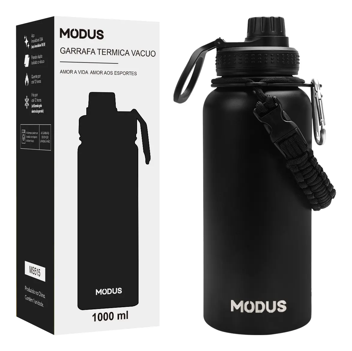 Garrafa Térmica 1 L Aço Inox 304 Bebidas Quentes E Frias Calor 12H Frio 18H cor Preto