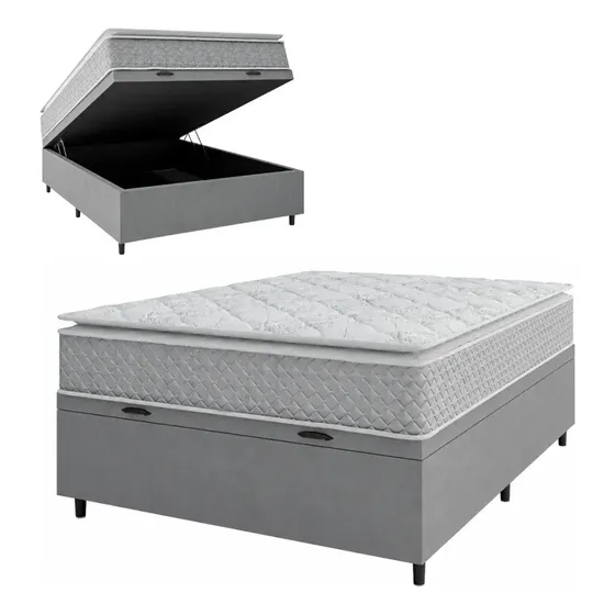 Cama Box Baú Casal Colchão Molas Ensacadas Pillow Top Perfect 138x188x74cm Cinza/Branco Umaflex Suporta até 120kg por pessoa