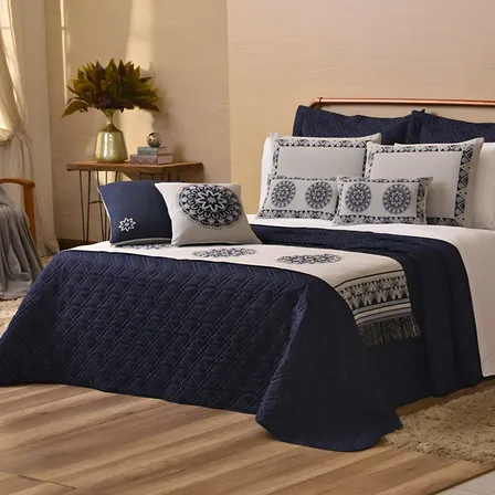 Kit Cobre Leito Casal Turin King Completo 10 Peças Premium Cor Azul-marinho Mandala