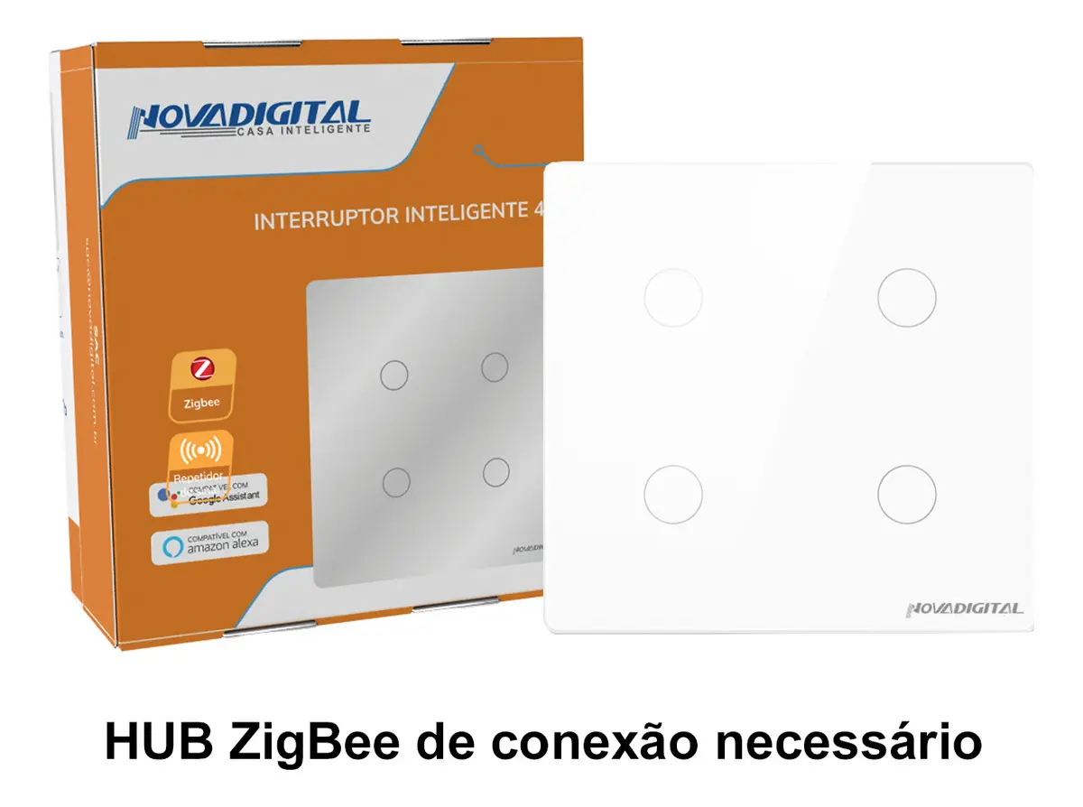 Interruptor Inteligente NovaDigital Zigbee 4 Teclas Botões Touch 4x4 Compatível Tuya Smart Life Alexa Google 110V 220V Bivolt Branco