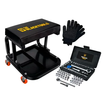 Banqueta Banquinho Mecânico Assento Fixo Até 140kg Oficina Bbm100 The Black Tools + Jogo Soquetes 40 Peças E Luva