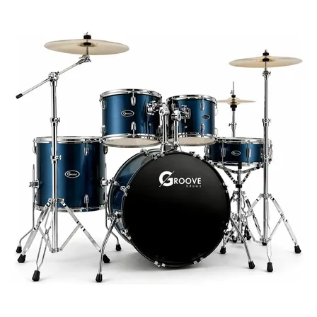 Bateria Acústica Completa Groove Drums Banco Pratos Pedal Pele Hidraúlica - Gd922 Bumbo 22 Brushed Blue