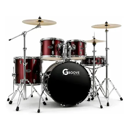 Bateria Acústica Completa Groove Drums Banco Pratos Pedal Pele Hidraúlica - Gd922 Bumbo 22 Wine Red