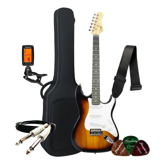 Kit Guitarra Stratocaster Iniciante Estudante Bravo Music Beg100 Elétrica Com Acessórios Orientação Da Mão Destro Cor Sunburst