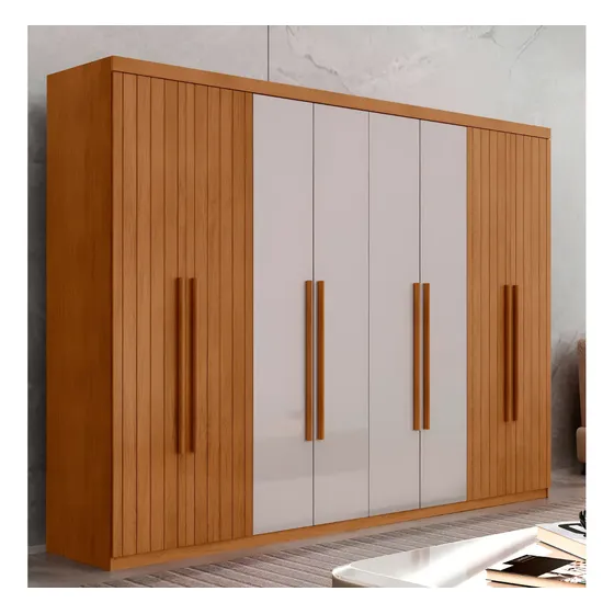 Guarda Roupa Casal Toronto Mdf 8 Portas Moderna Mobília Cor Naturale/Off White/Naturale