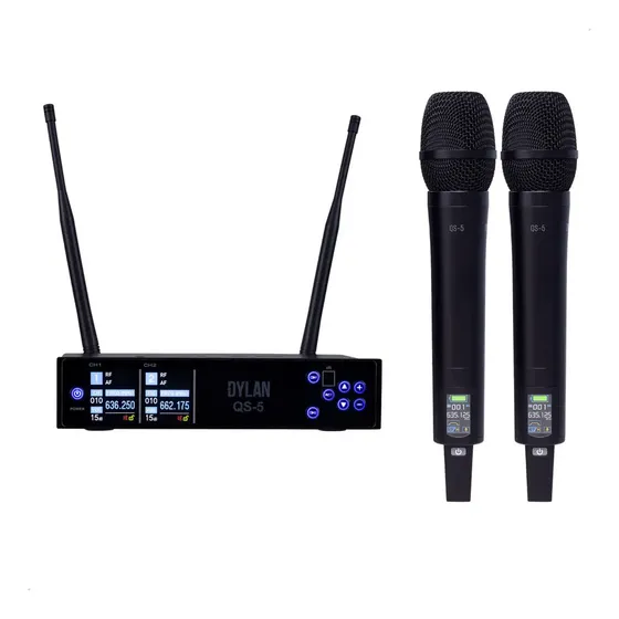 Microfone Sem Fio Duplo Dylan QS-5 UHF Recarregável 200 Canais com Case 2 Bastões