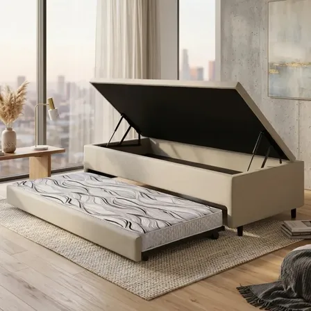 Bicama box baú solteiro linho bege 88cm x 188cm com colchão auxiliar B&G