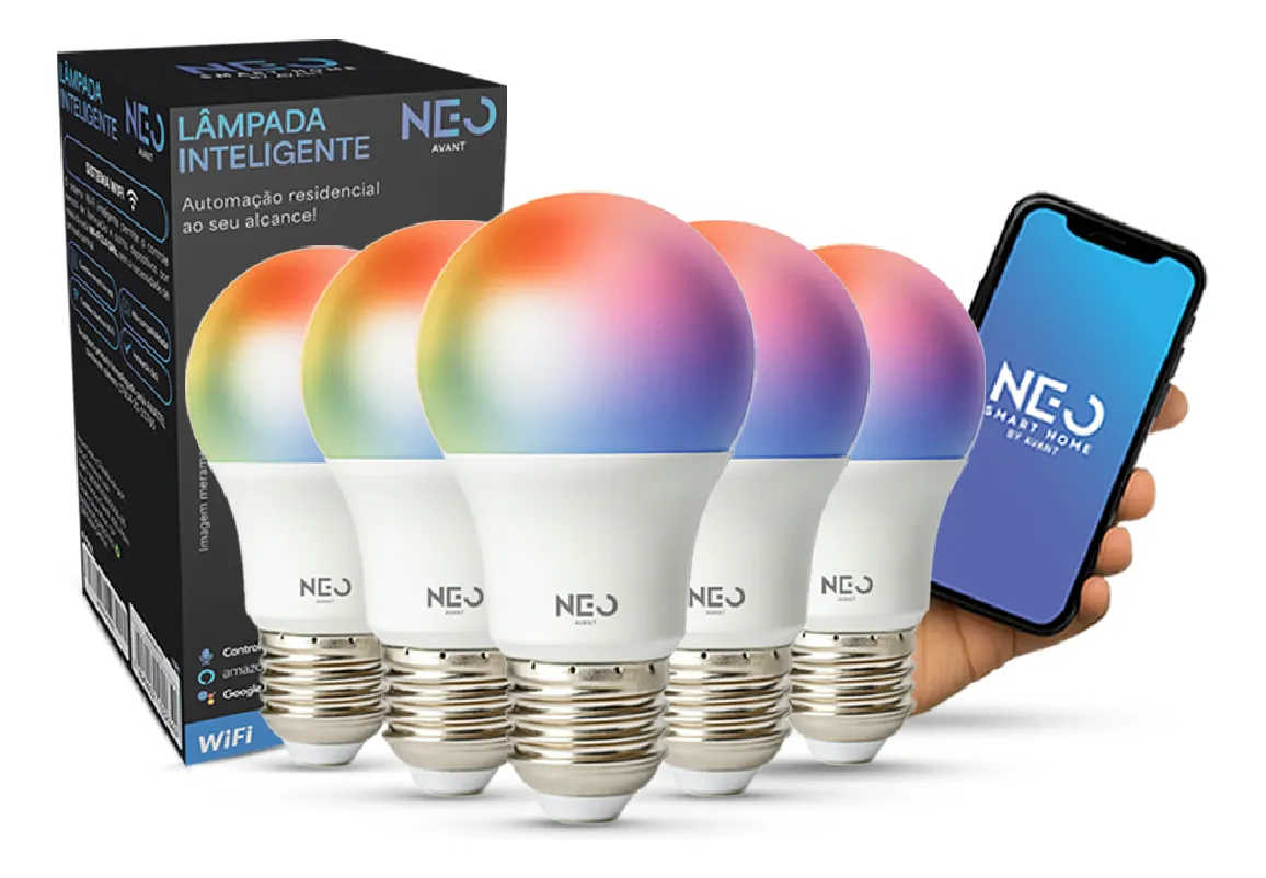 Kit 5 Lampada Led Pera Smart Wi-fi 15w Rgb E27 Neo Avant 127/220v Rgb