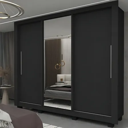 Guarda-roupa Casal Yescasa Milão 3 Portas Espelho Preto MDF 191x208x45cm