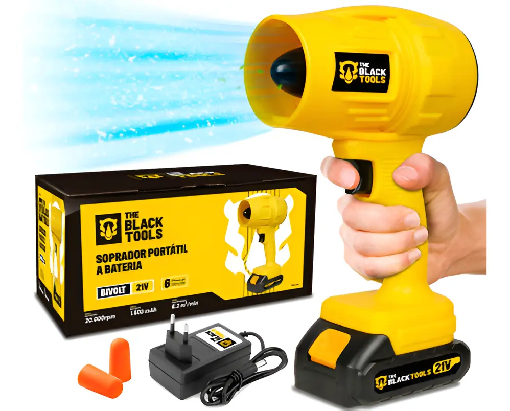 Soprador Portátil Turbo Sem Fio Bateria Vento Forte 21v Amarelo 127/220v