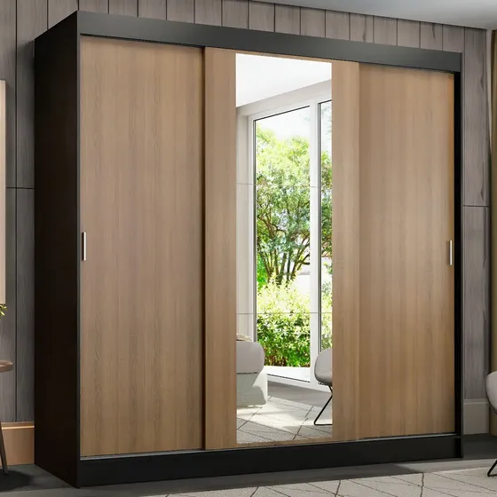 Guarda-roupa Casal Madesa Reno 3 Portas Correr Com Espelho P Cor Preto/Rustic