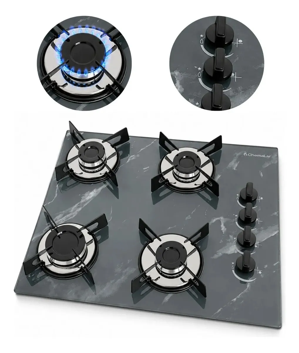 Fogão Cooktop a gás 4 bocas Ultra Chama Marmorizado Cinza 127/220v Bivolt