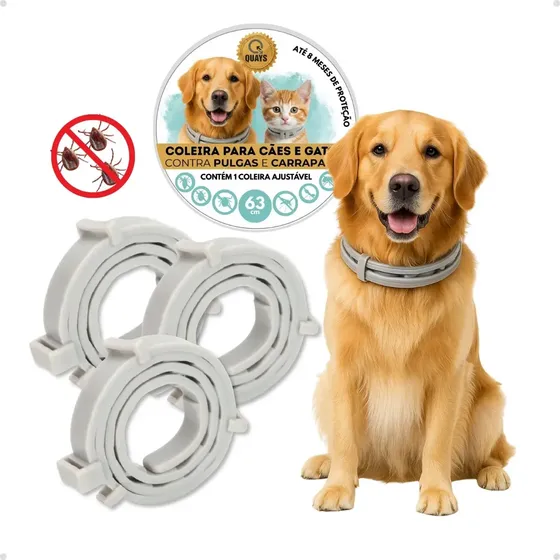 Coleira Quays Antipulgas E Carrapatos 63cm Kit Com 3 Para Cães E Gatos