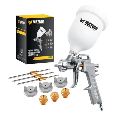 Pistola De Pintura Gravidade De Alta Pressão 600ml Fst037 Profissional Fasterr Cinza