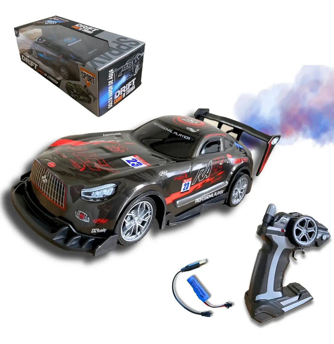 Carrinho Controle Remoto Drift Profissional Luz Som Fumaça Preto