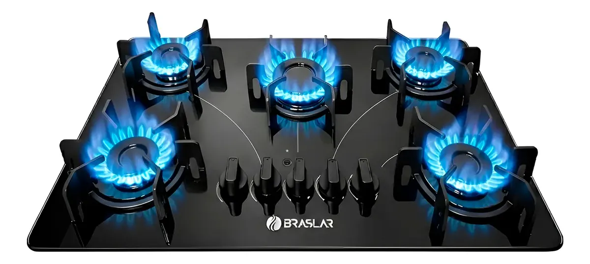 Fogão Cooktop 5 Bocas Pop Vidro Trempe Ferro Fundido Preto 127/220v