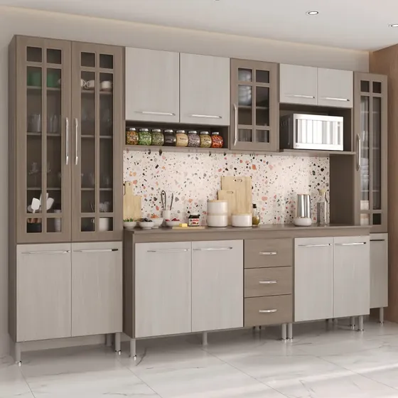 Armário de Cozinha Modulada Completa Fidelitá Paris 6 Peças 295cm 15 Portas 3 Gavetas Com Tampo Nogal/Salinas