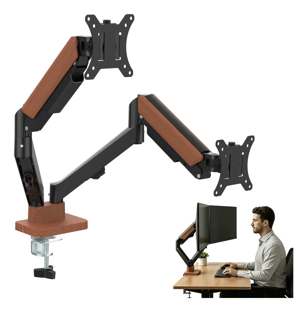 Suporte Duplo Articulado Com Mola Vesa Para Monitores Preto Tom De Madeira
