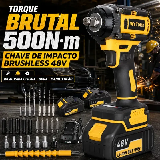 Chave De Impacto Parafusadeira Profissional 48v 500n.m Sem Fio 2 Baterias Bivolt E Acessórios Wetoke