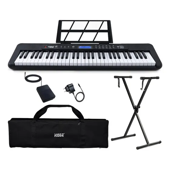Teclado Kobe Kb300 61 Teclas Com Sensibilidade Kit Completo Cor Preto