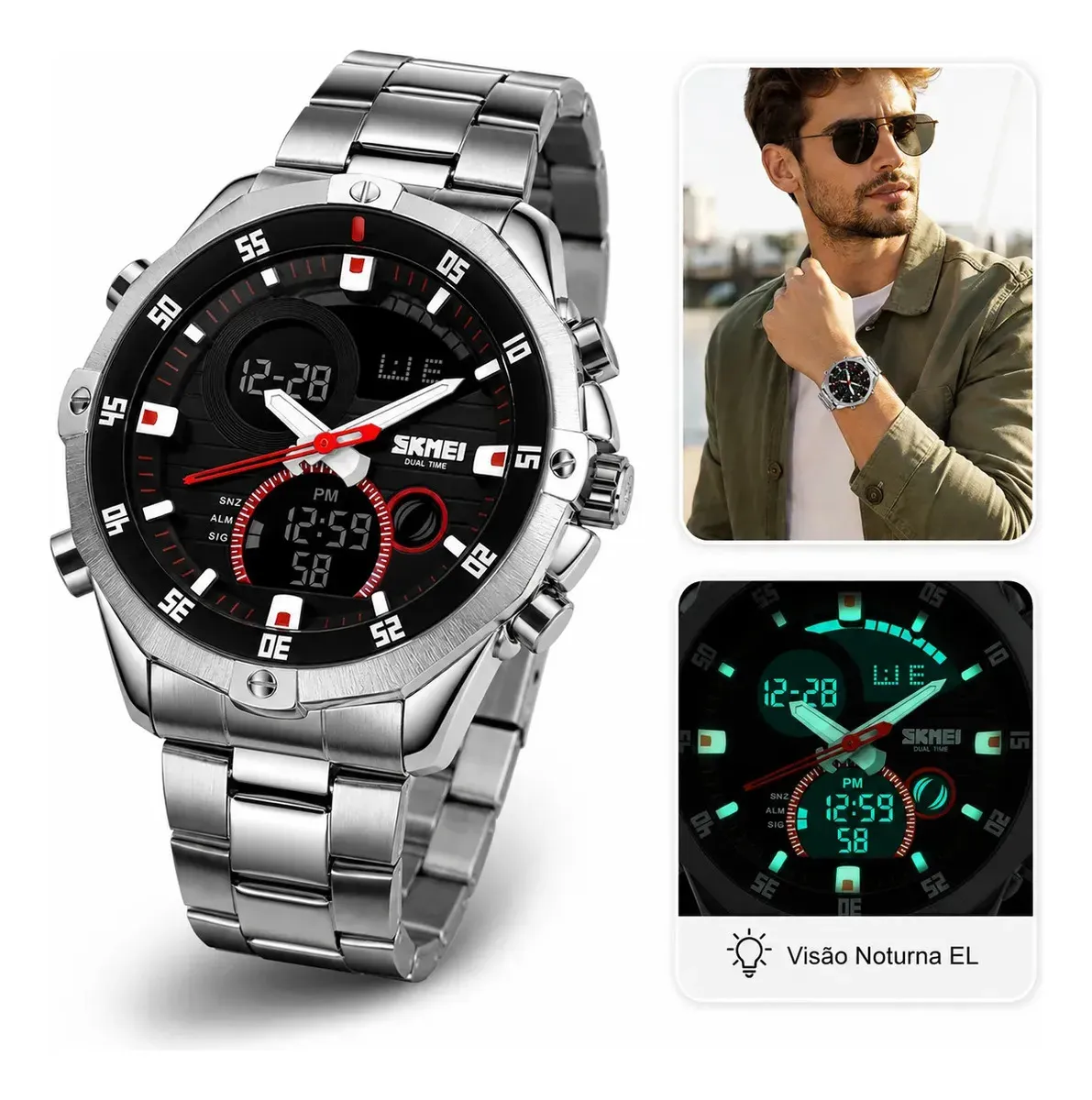 Relógio Masculino Digital Analógico SKMEI 1146 Prata Resistente à Água 30M Com Pulseira de Aço Inoxidável, Dual Time, Cronômetro, Alarme, Luz LED, Data e Dia da Semana, Esportivo Casual, Moda Urbana