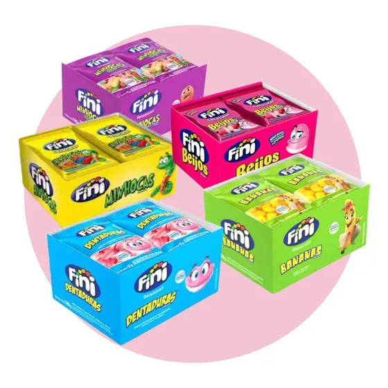 Kit Fini 5 Caixas com 60 un de Fini Bala de Gelatina Mini Fini Sortidos 15g Para Lembrancinha - Minhocas, Beijos, Dentaduras, Banana