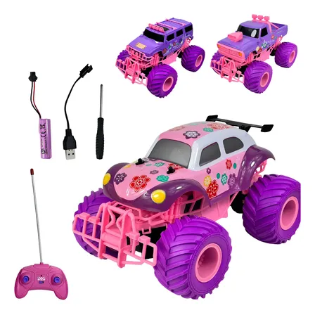 Carrinho Controle Remoto Toy King Monster Truck Rosa Recarregável Jeep 4x4