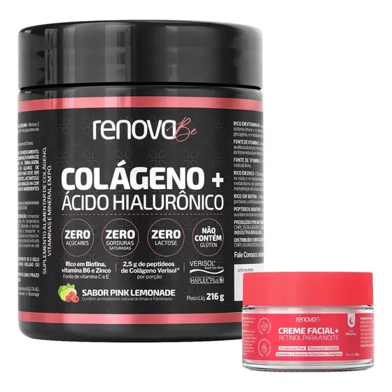 Colágeno + Ácido Hialurônico Pink Lemonade Renova Be Colágeno Hidrolisado Vitamina E, C, B6, B7 Biotina Zinco Peptídeos