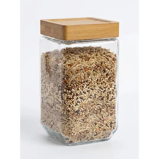 Pote Vidro Quadrado Tampa Bambu Moderno 1,8 Litros Cozinha