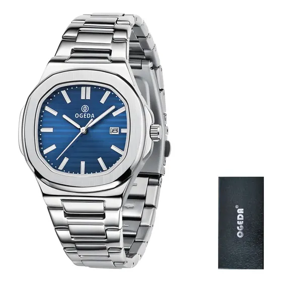 Relógio Ogeda para homens, Relógios elegantes para homens, pulseira prateada, moldura prateada, fundo azul