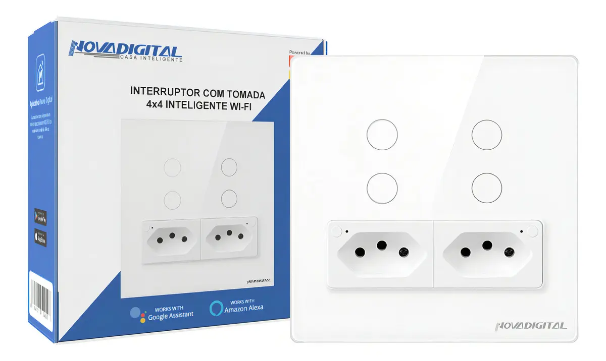 Interruptor Inteligente Wifi NovaDigital 4 Botões Teclas 2 Tomada 10A 4x4 Tuya Smart Life Alexa Google Branco